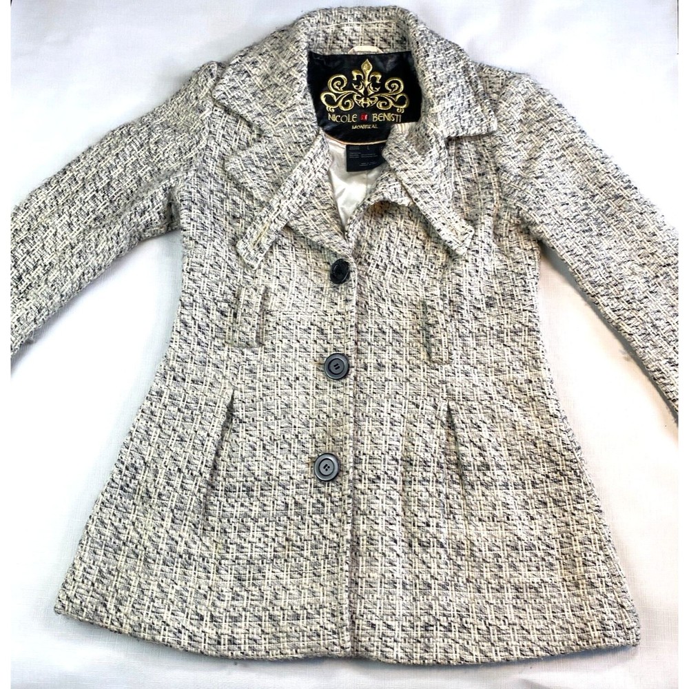 NICOLE BENISTI MONTREAL WOOL Laine Pea Coat! Black White Gray Jacket Sz L